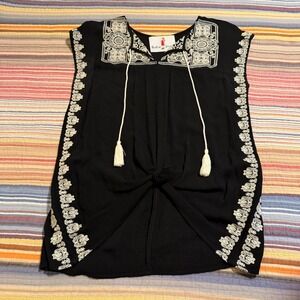 Boho Jane Womens Small Black White Embroidered Tassel Tie Front Knot Rayon Top